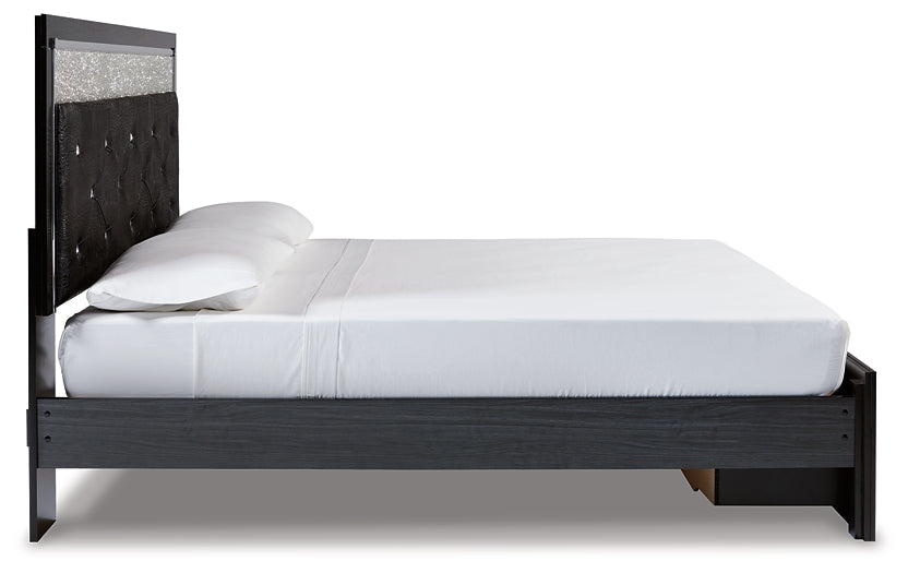Cama con plataforma de almacenamiento y paneles tapizados Kaydell