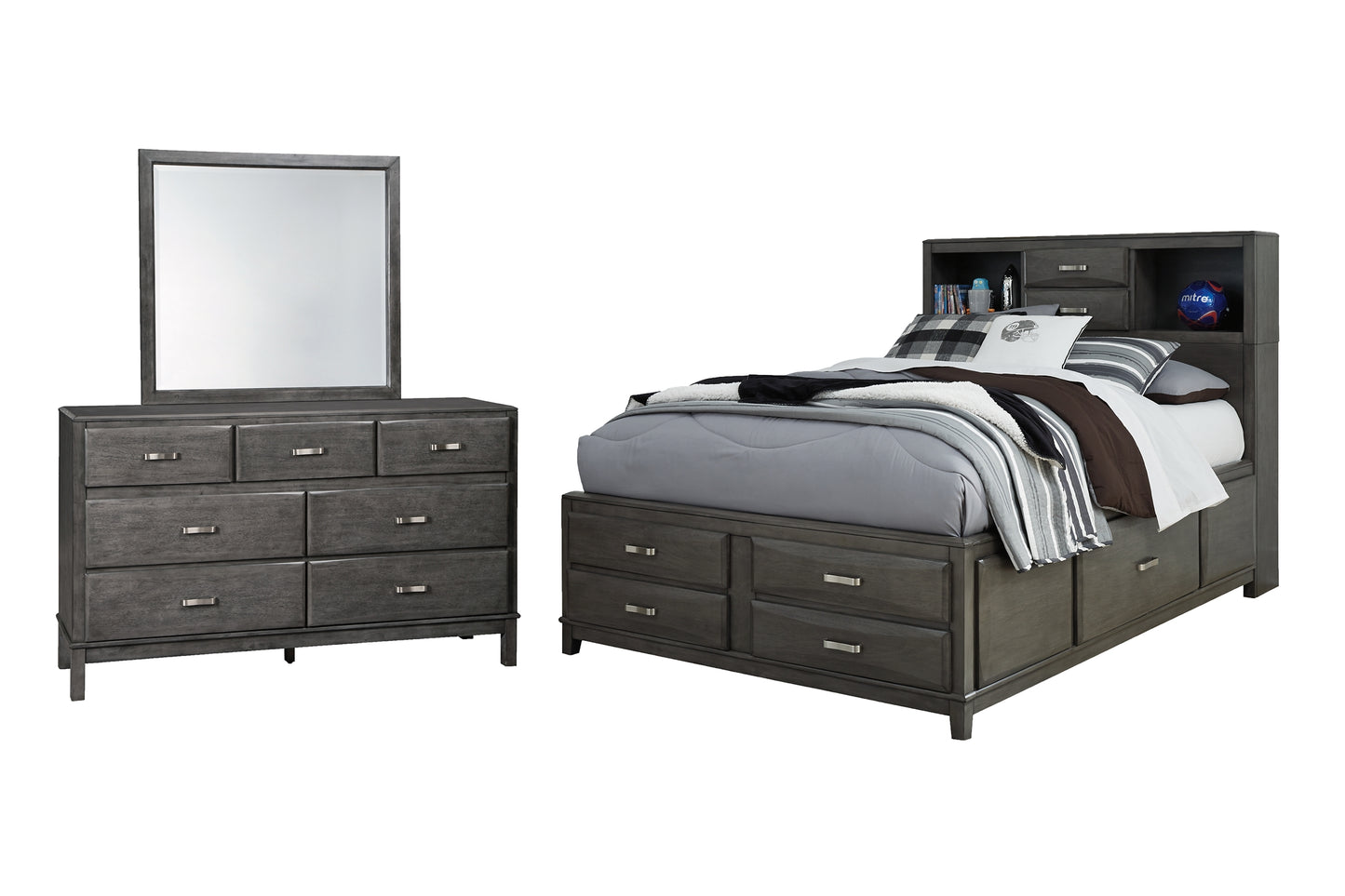 Cama Caitbrook con 8 cajones y cómoda con espejo
