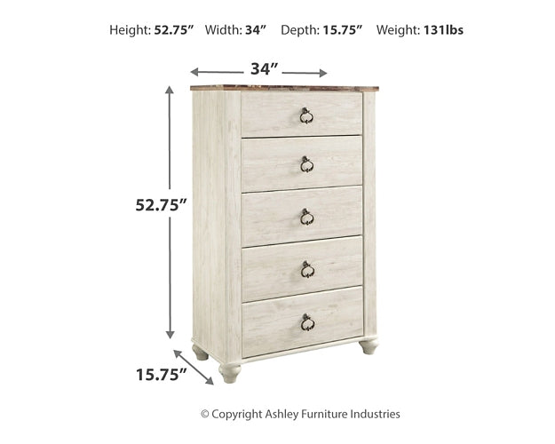 Willowton Panel Headboard With Mirrored Dresser, Chest And 2 Nightstands