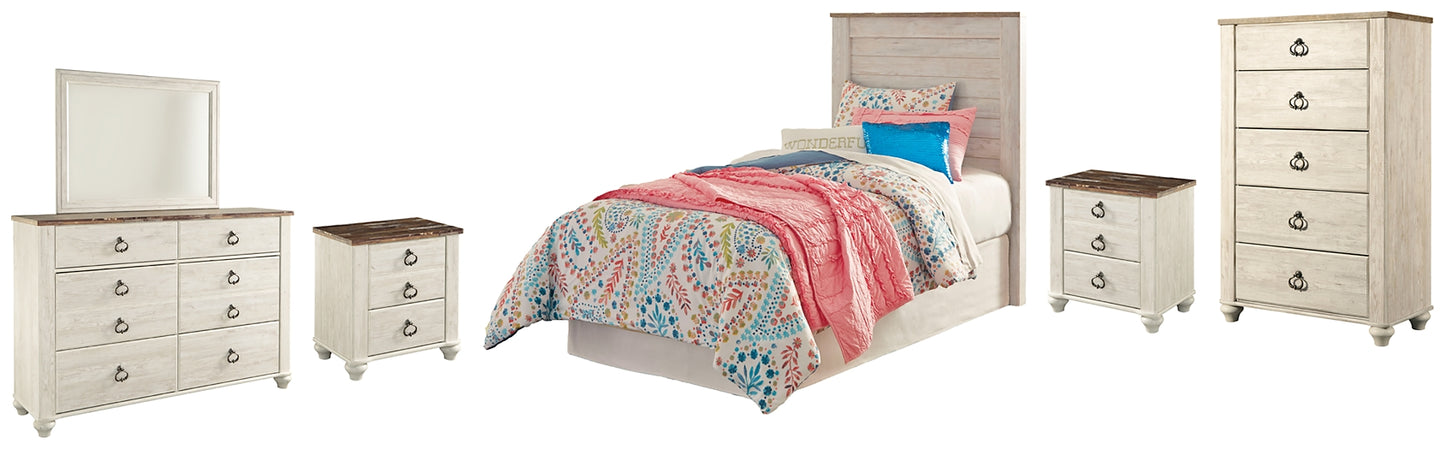 Willowton Panel Headboard With Mirrored Dresser, Chest And 2 Nightstands