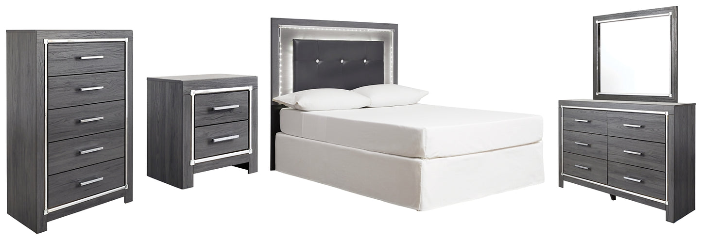 Cabecero tapizado Lodanna con cómoda, cómoda y mesita de noche con espejo