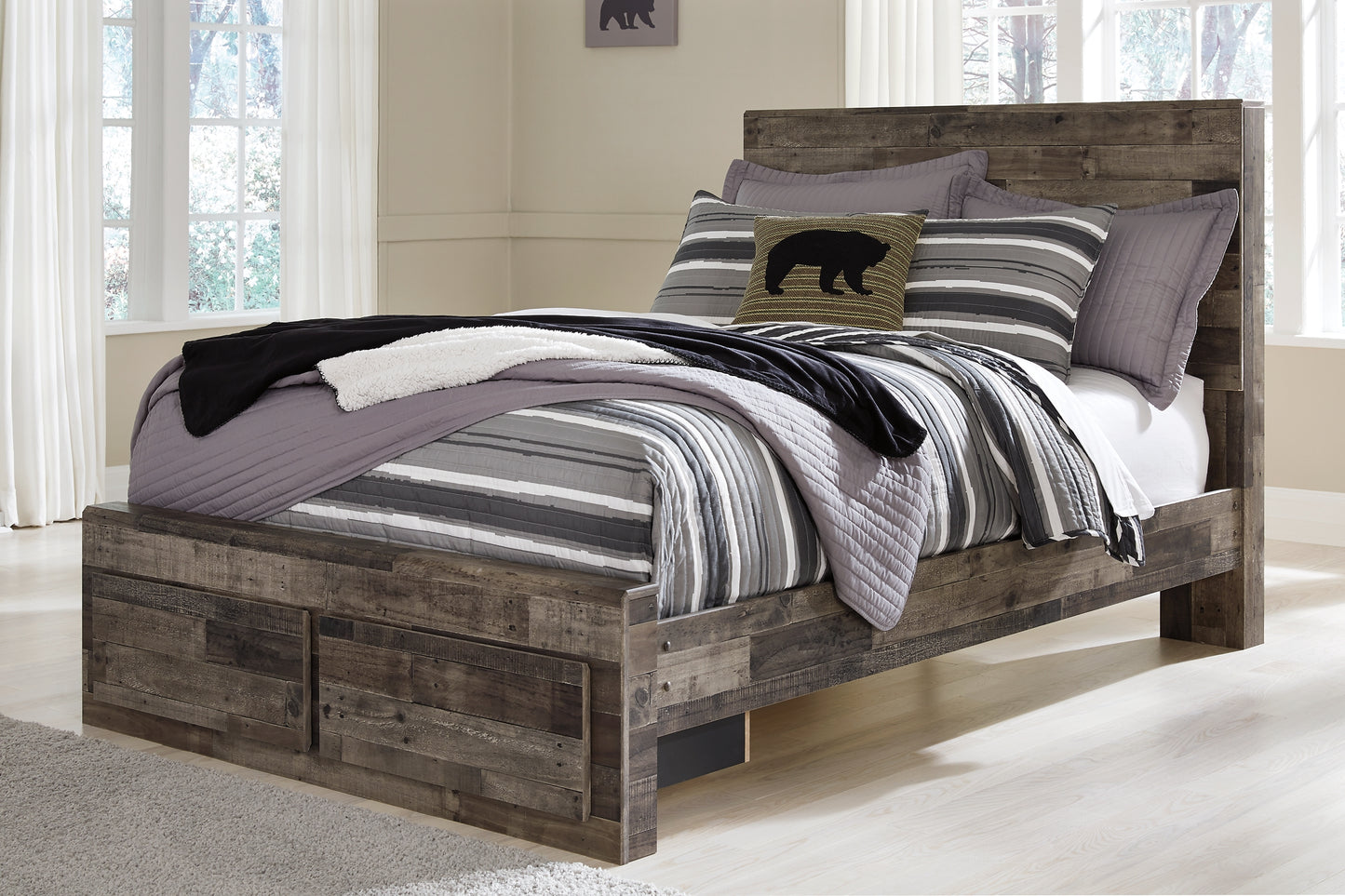 Derekson Panel Bed With 2 Storage Drawers With Mirrored Dresser, Chest And 2 Nightstands