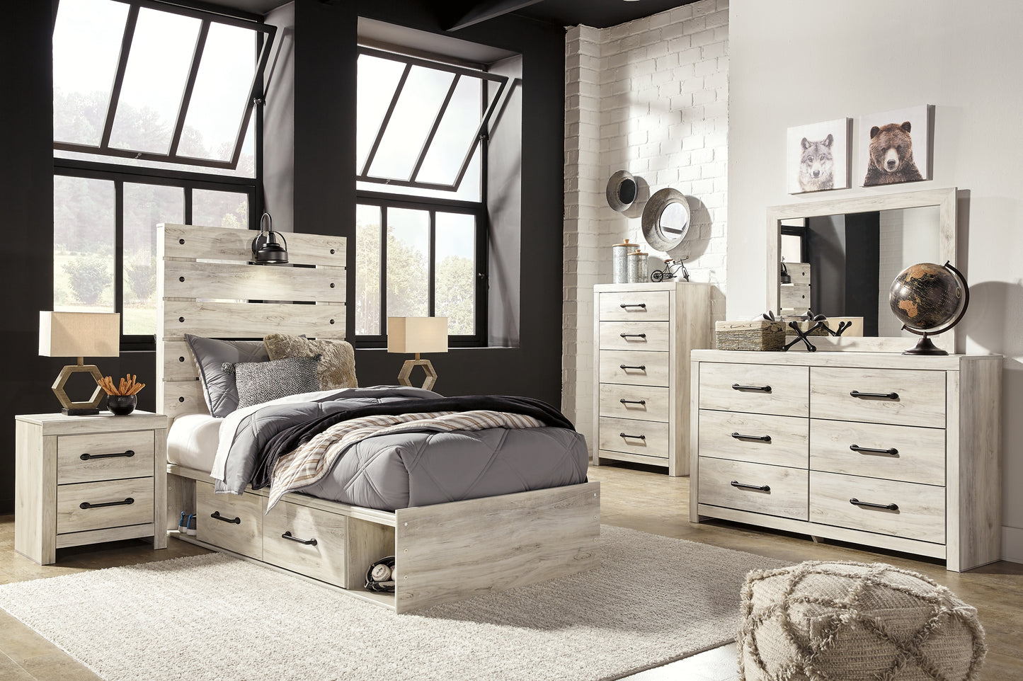 Cambeck Panel Bed With 4 Storage Drawers With Mirrored Dresser, Chest And Nightstand