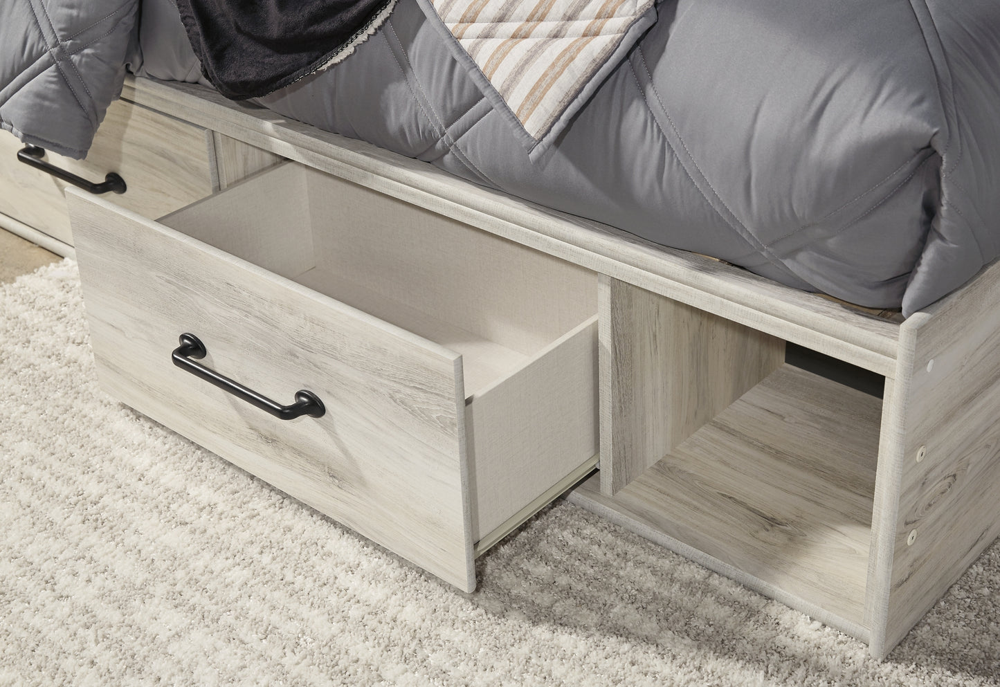 Cambeck Panel Bed With 4 Storage Drawers With Mirrored Dresser, Chest And Nightstand