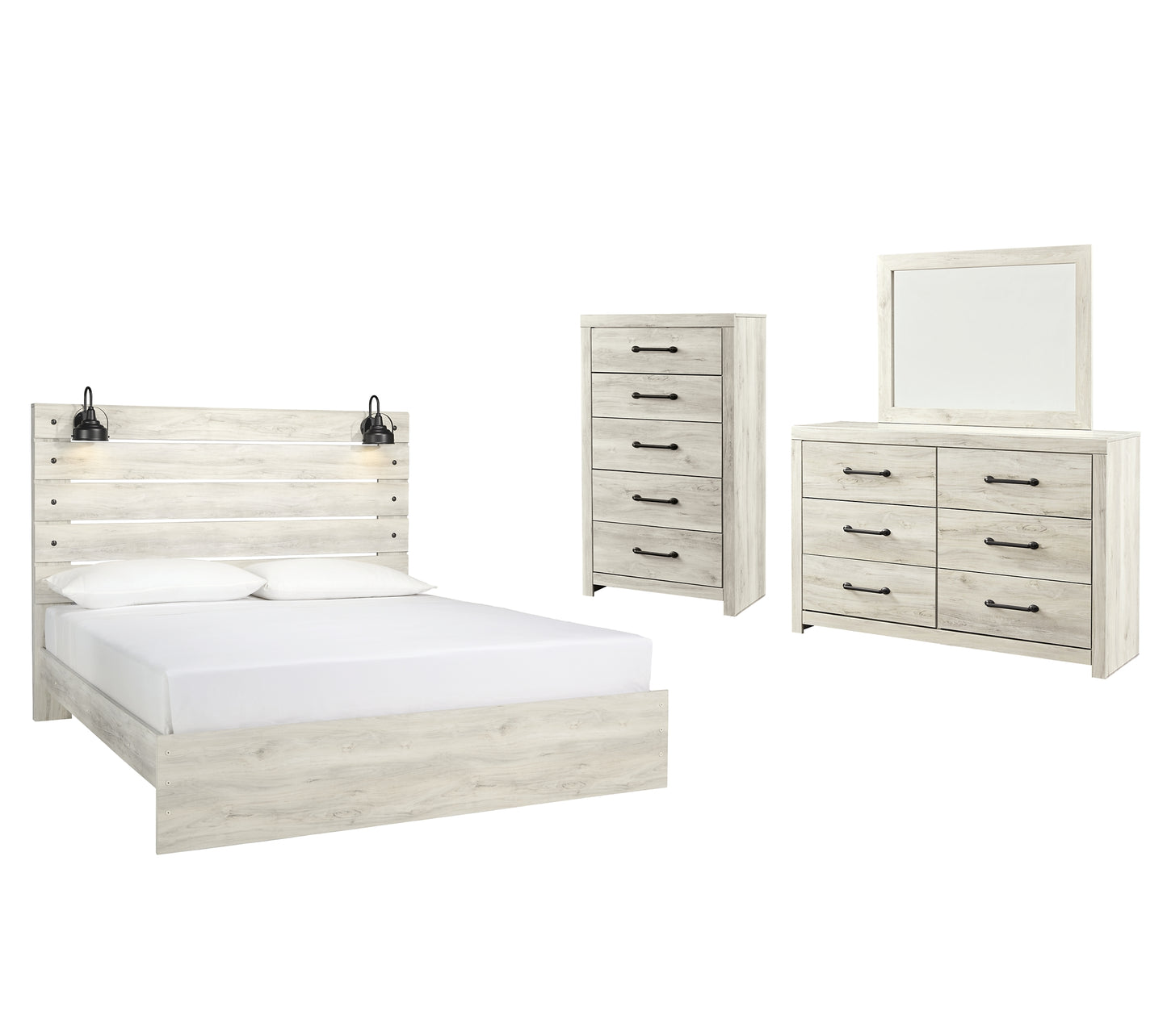 Cama con paneles Cambeck, cómoda con espejo y arcón