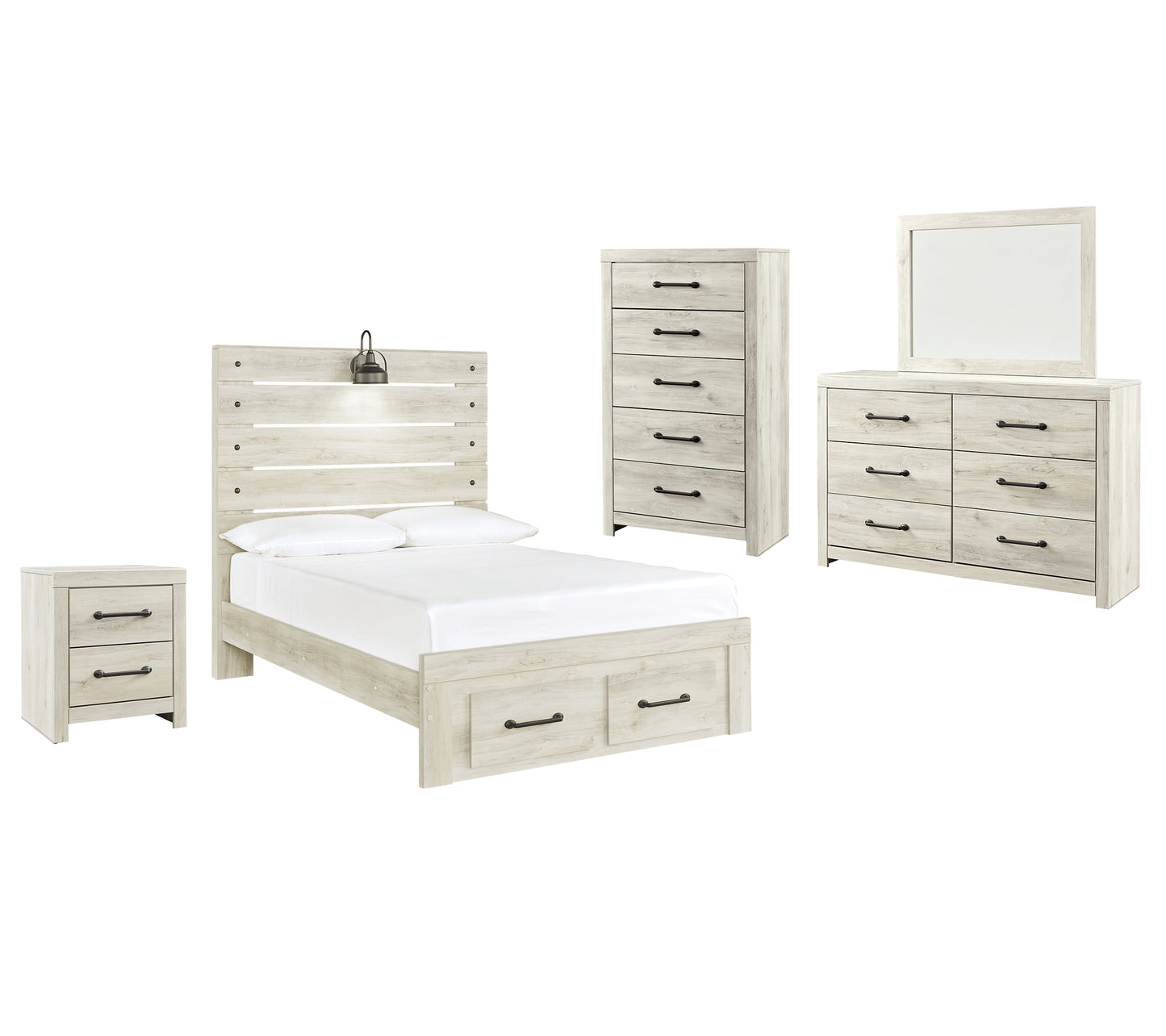 Cama Cambeck con dos cajones, cómoda con espejo y mesita de noche