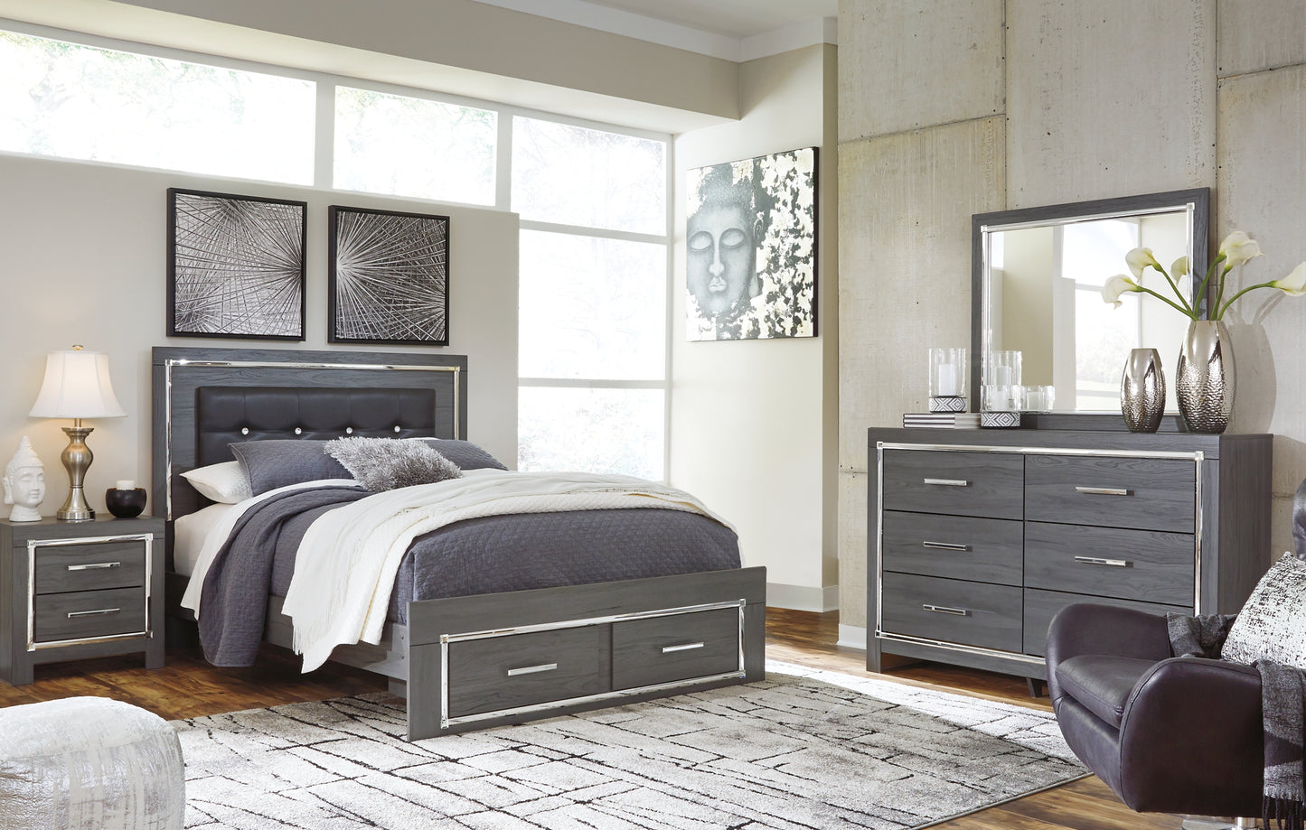 Lodanna Panel Bed With 2 Storage Drawers With Mirrored Dresser And Chest
