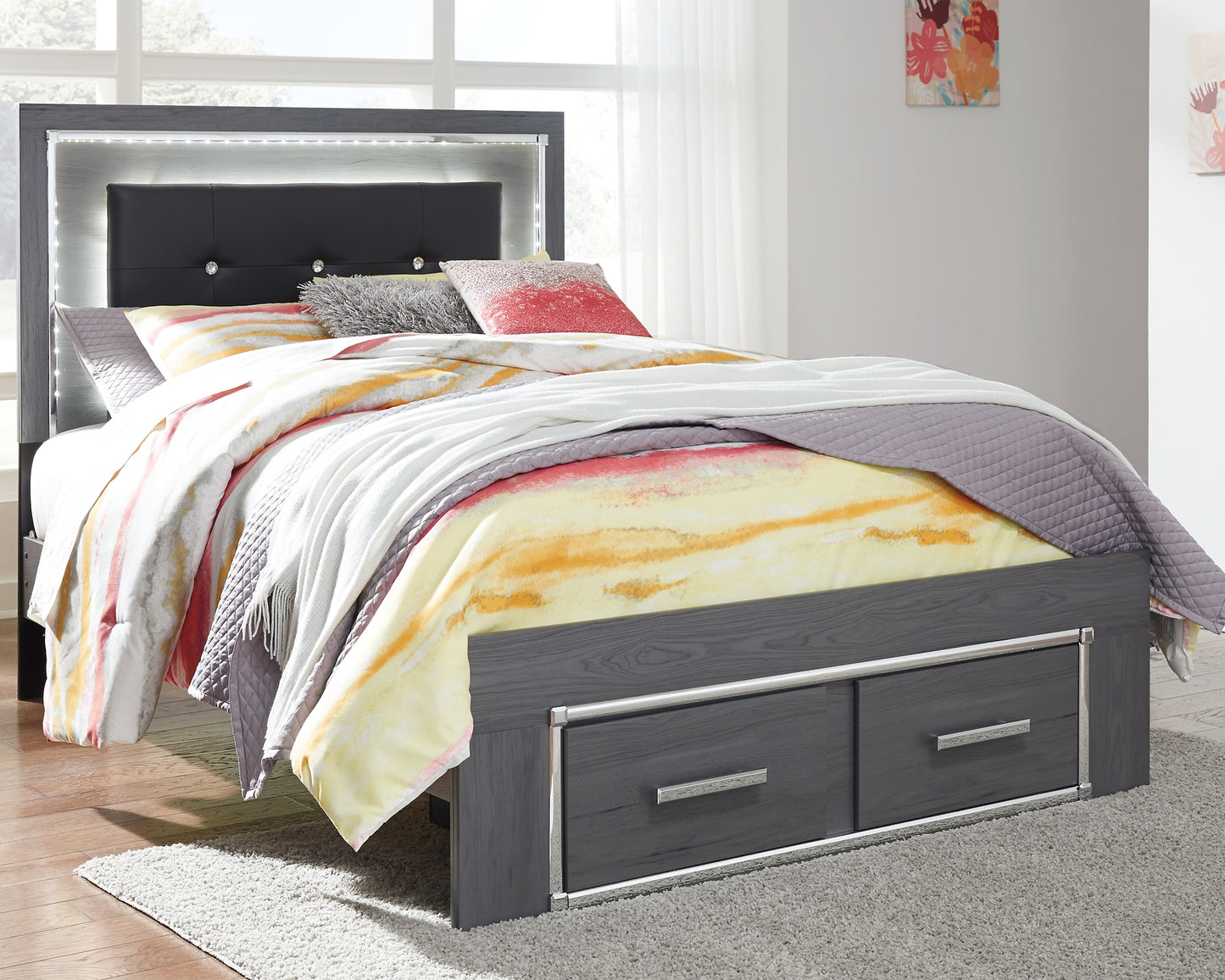 Lodanna Panel Bed With 2 Storage Drawers With Mirrored Dresser And Chest