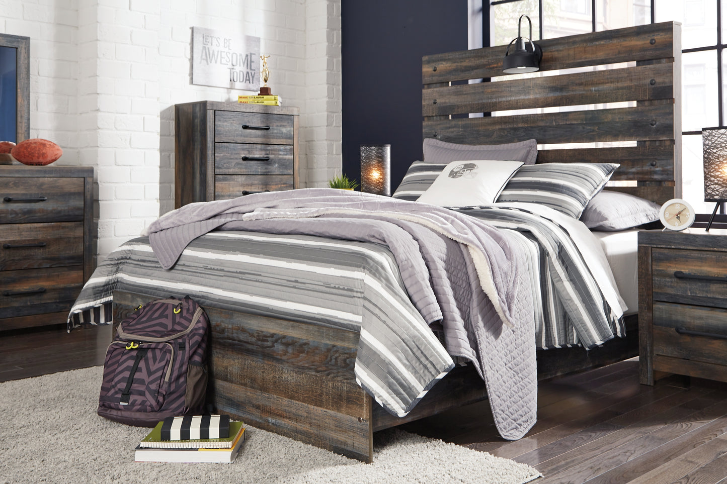 Drystan Panel Bed With 4 Storage Drawers With Mirrored Dresser And Chest