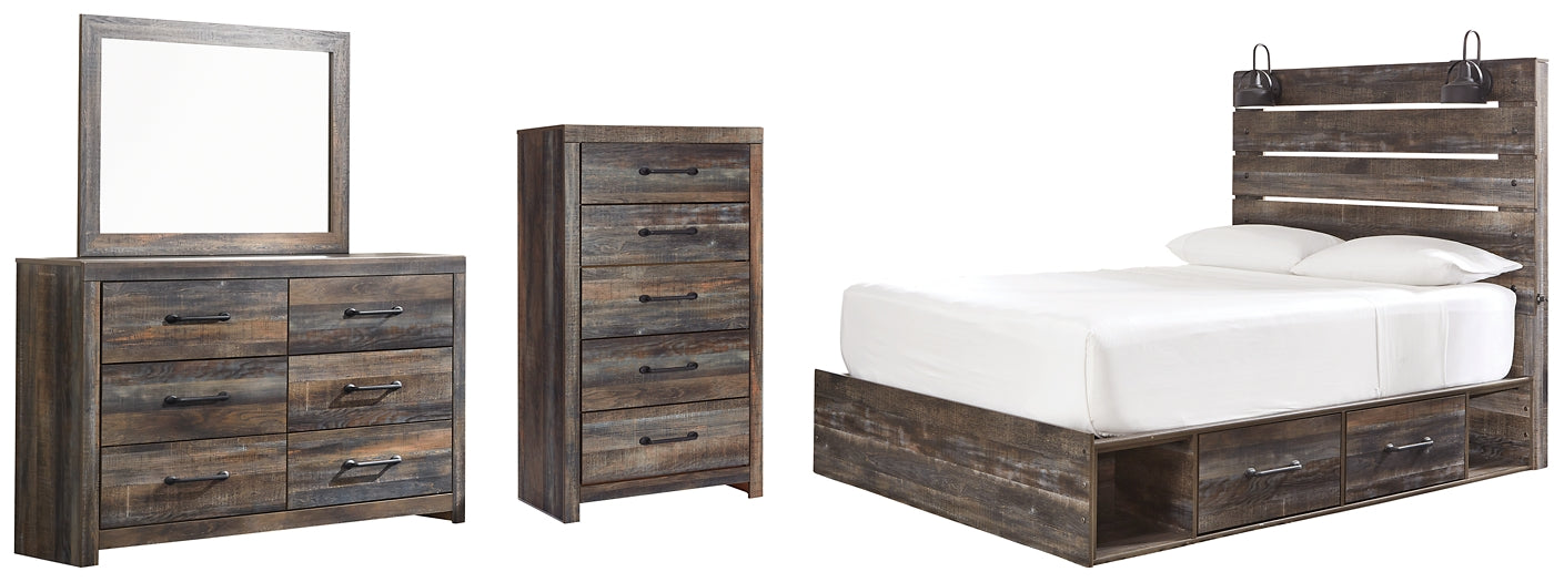 Drystan Panel Bed With 4 Storage Drawers With Mirrored Dresser And Chest