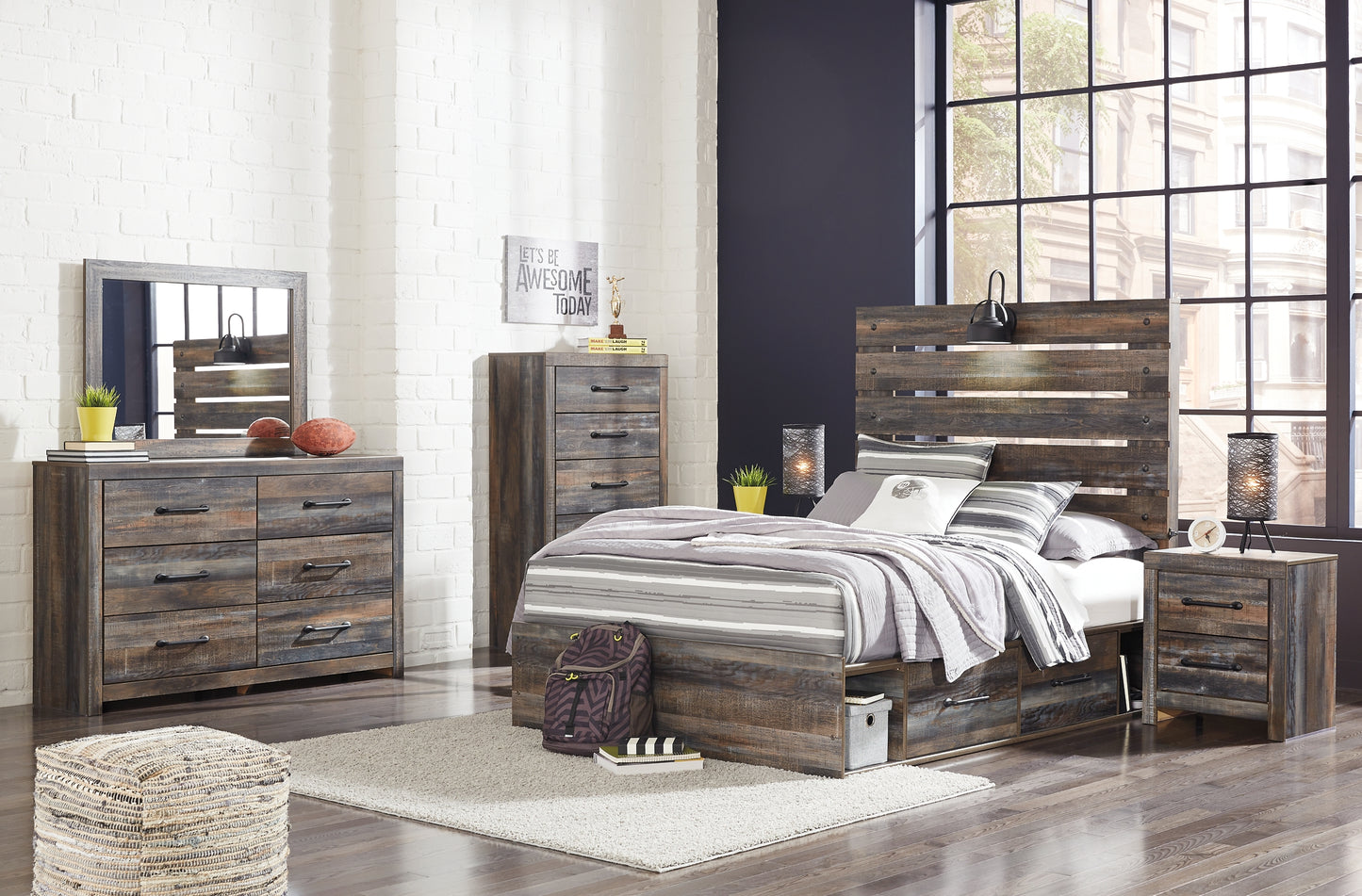 Drystan Panel Bed With 4 Storage Drawers With Mirrored Dresser, Chest And 2 Nightstands