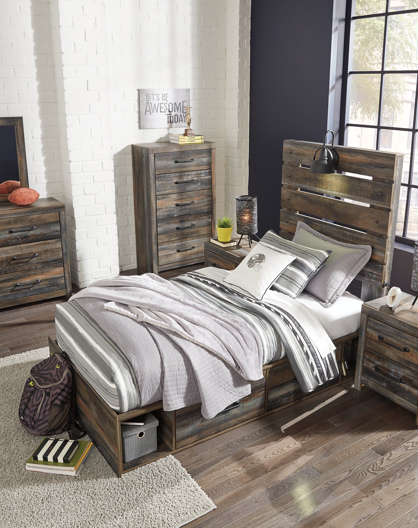 Drystan Panel Bed With 4 Storage Drawers With Mirrored Dresser, Chest And Nightstand