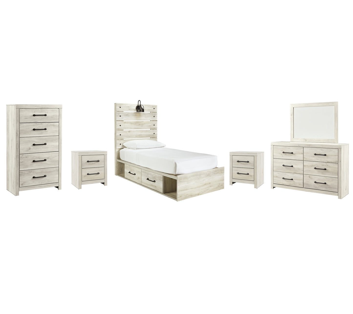 Cambeck Panel Bed With 4 Storage Drawers With Mirrored Dresser, Chest And 2 Nightstands