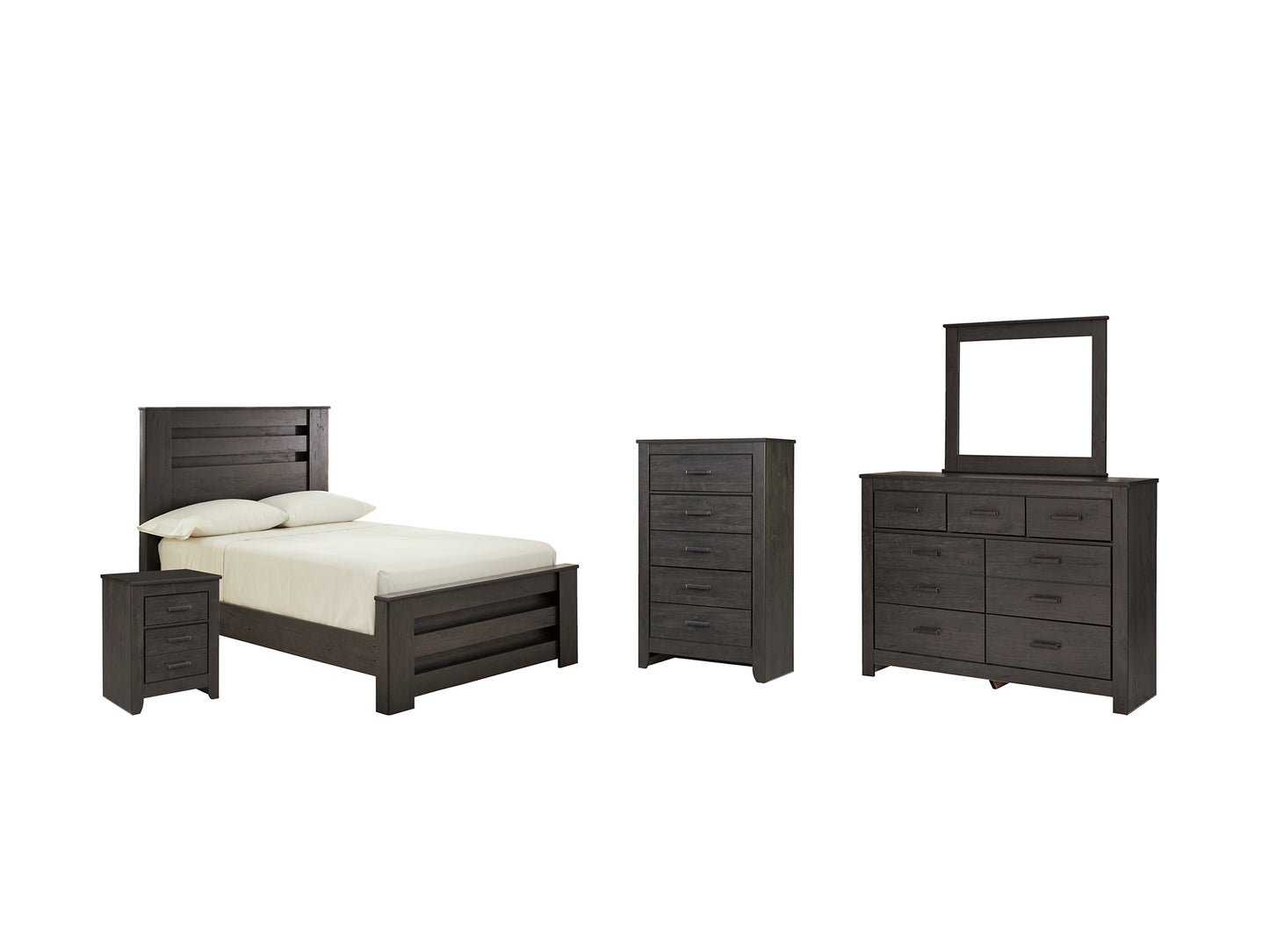 Cama con paneles Brinxton, cómoda con espejo y mesita de noche