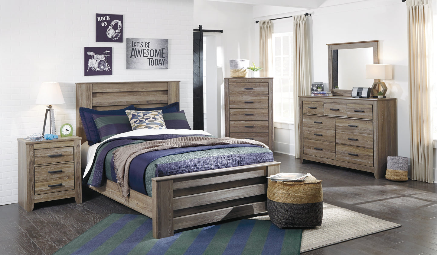 Zelen Panel Bed With Mirrored Dresser, Chest And Nightstand