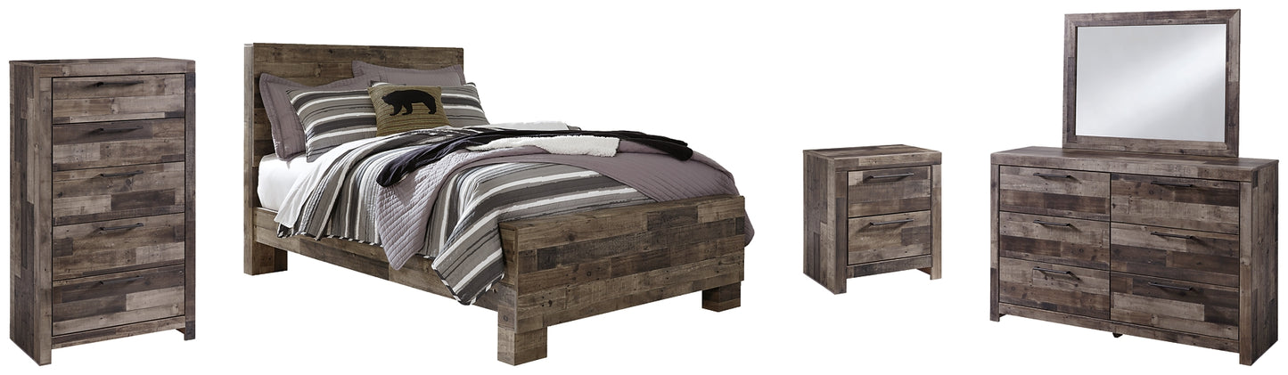 Cama Derekson con paneles, cómoda con espejo y mesita de noche
