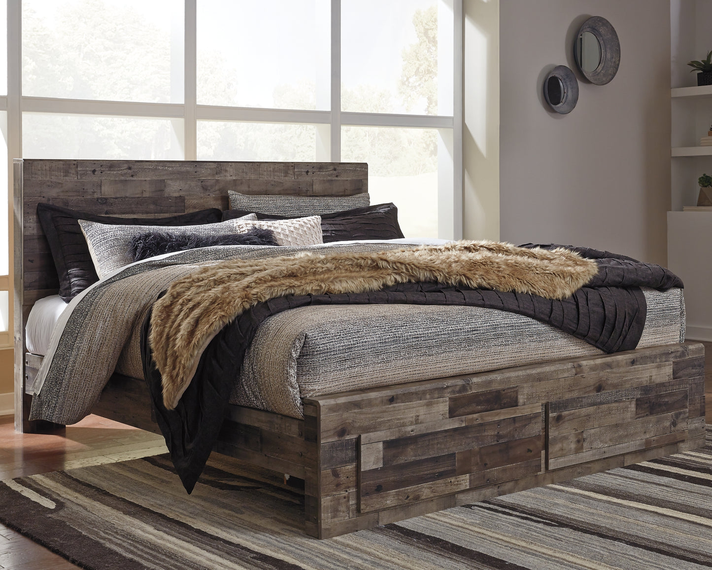 Derekson Panel Bed With 2 Storage Drawers With Mirrored Dresser, Chest And Nightstand
