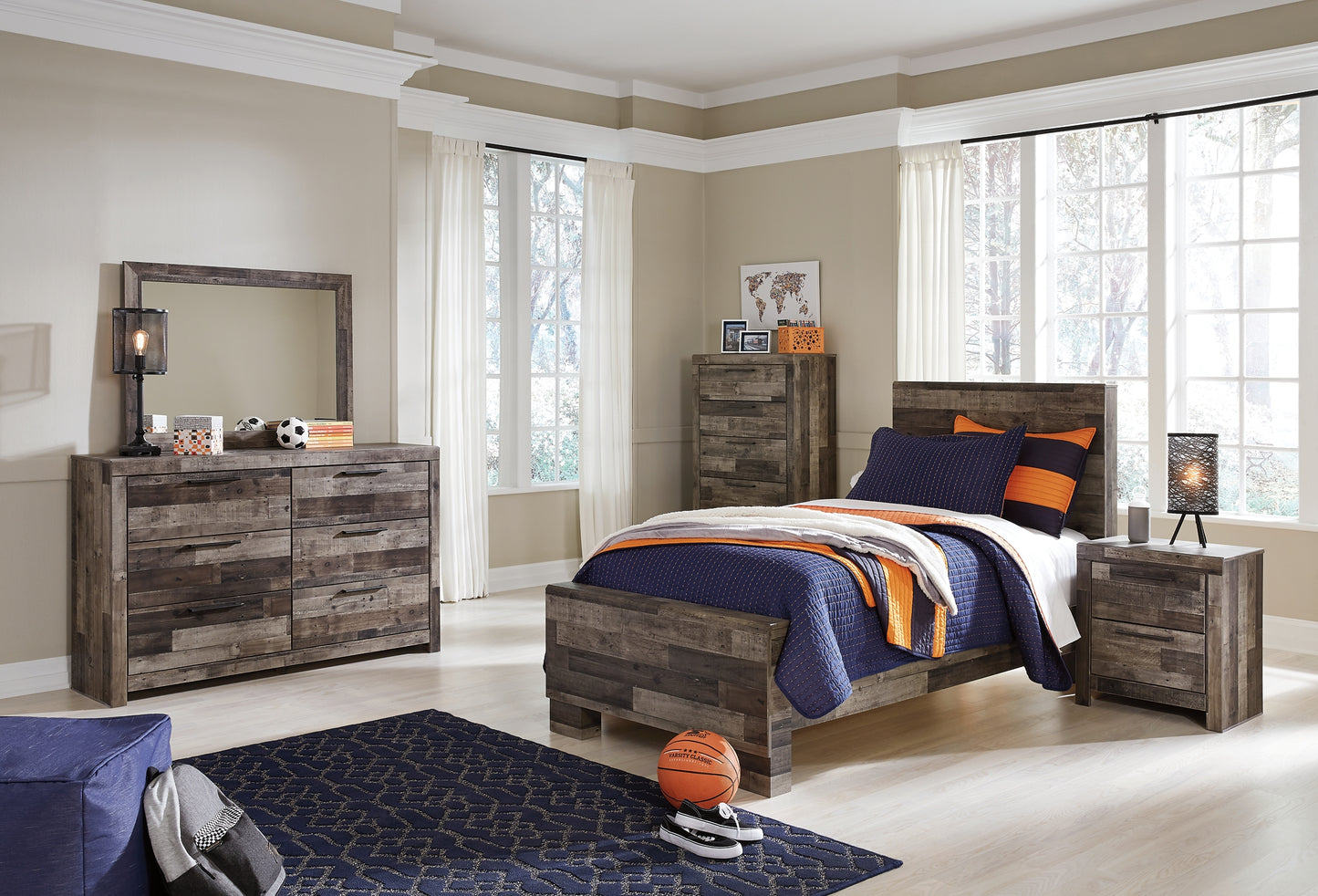 Derekson Panel Bed With Mirrored Dresser, Chest And Nightstand