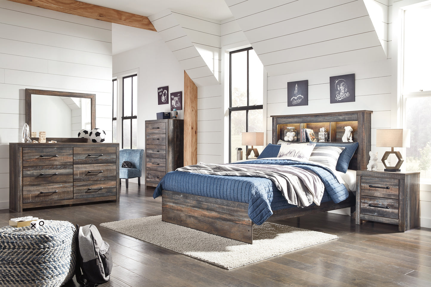 Drystan Bookcase Bed With Mirrored Dresser And Chest