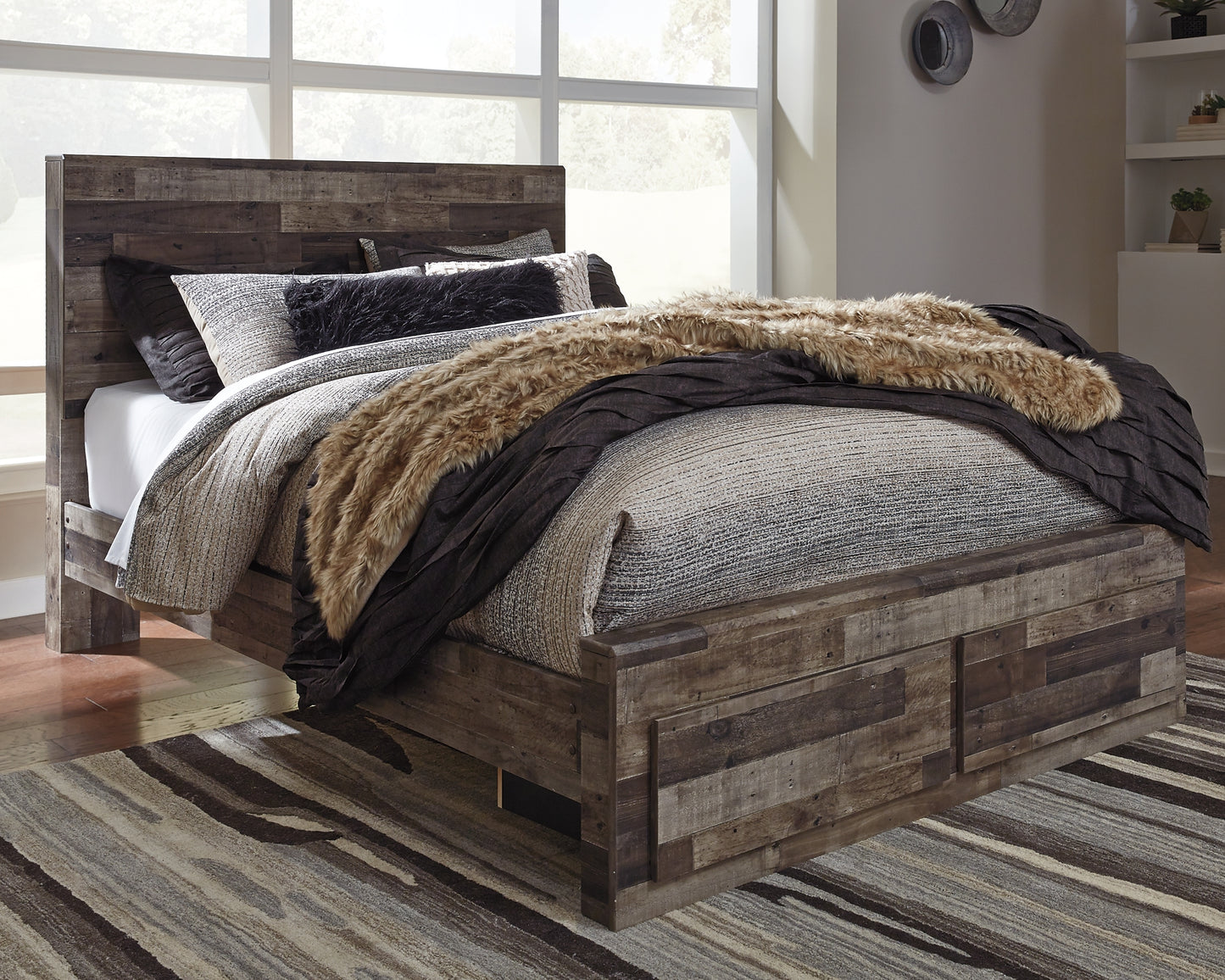 Derekson Panel Bed With 2 Storage Drawers With Mirrored Dresser