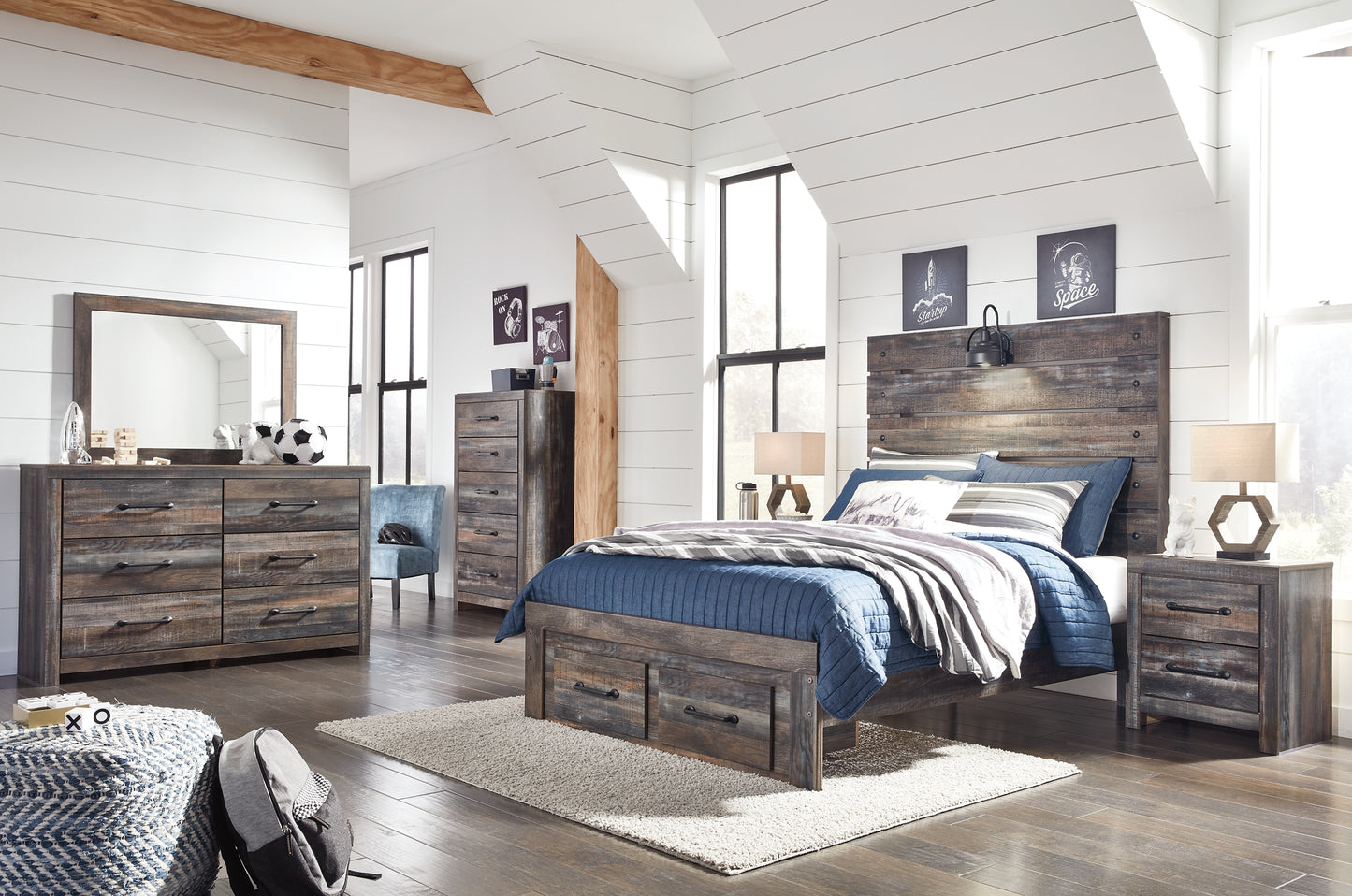 Drystan Panel Bed With 2 Storage Drawers With Mirrored Dresser, Chest And Nightstand
