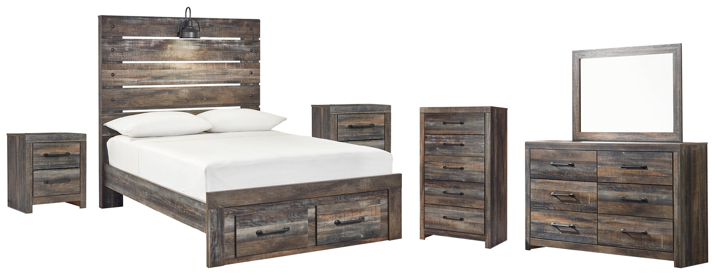 Drystan Panel Bed With 2 Storage Drawers With Mirrored Dresser, Chest And 2 Nightstands