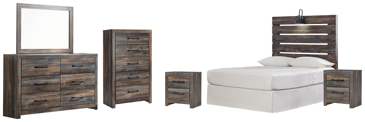 Drystan Panel Headboard With Mirrored Dresser, Chest And 2 Nightstands