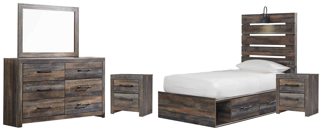 Drystan Panel Bed With 4 Storage Drawers With Mirrored Dresser And 2 Nightstands