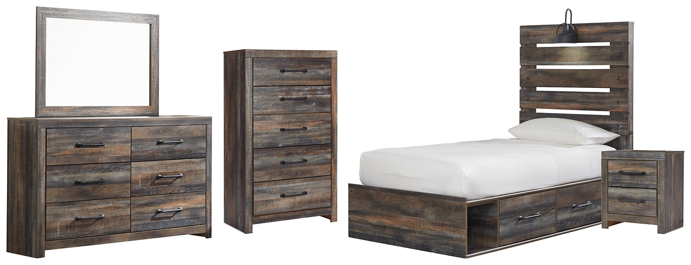Drystan Panel Bed With 4 Storage Drawers With Mirrored Dresser, Chest And Nightstand