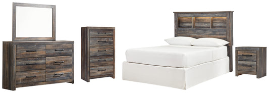 Drystan Bookcase Headboard Bed With Mirrored Dresser, Chest And Nightstand