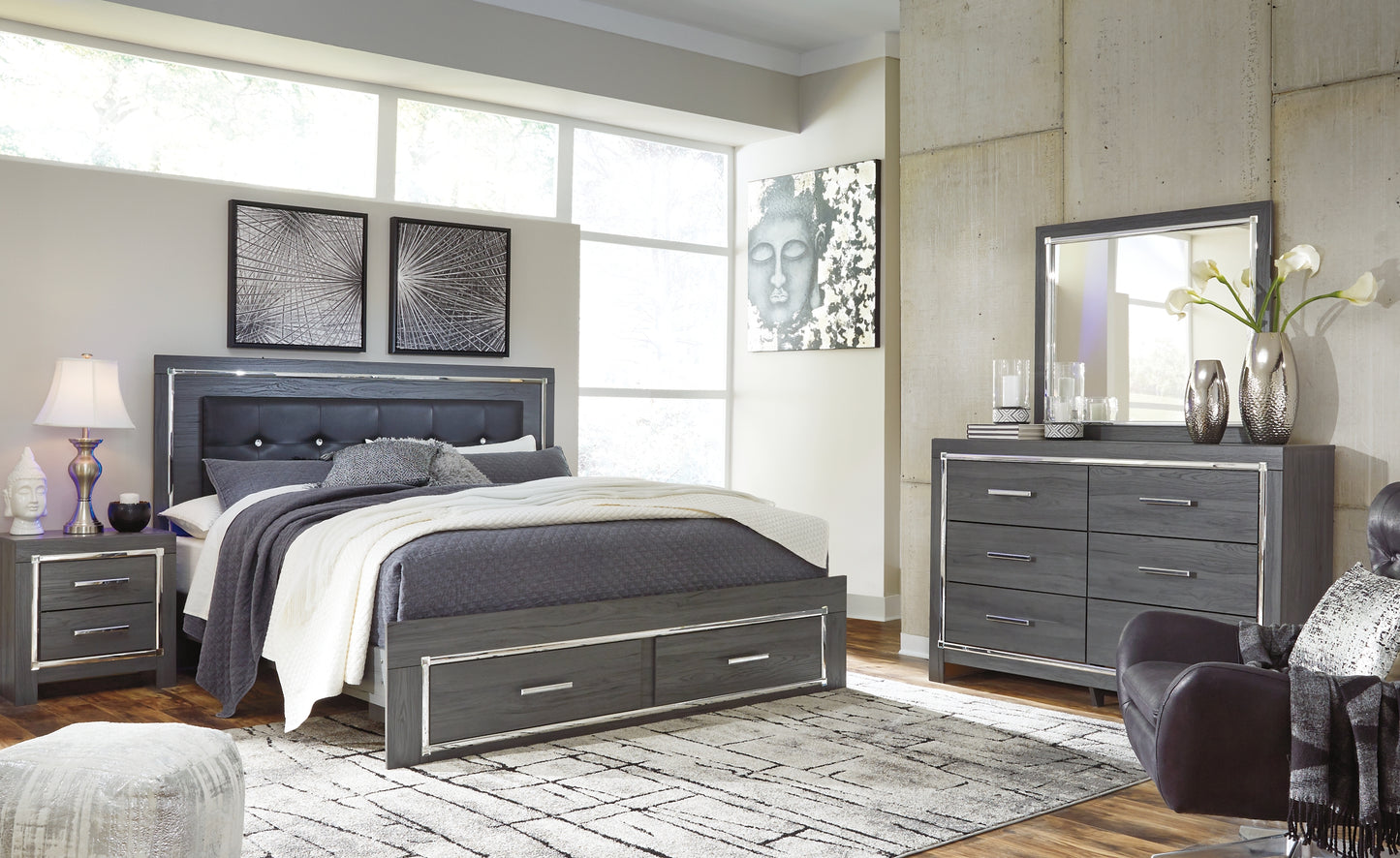 Lodanna Panel Bed With 2 Storage Drawers With Mirrored Dresser, Chest And Nightstand