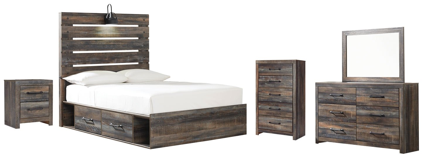 Cama Drystan con dos cajones, cómoda con espejo y mesita de noche.
