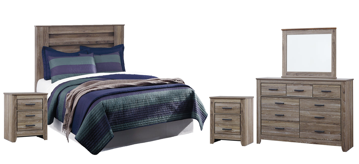 Zelen Panel Headboard With Mirrored Dresser And 2 Nightstands
