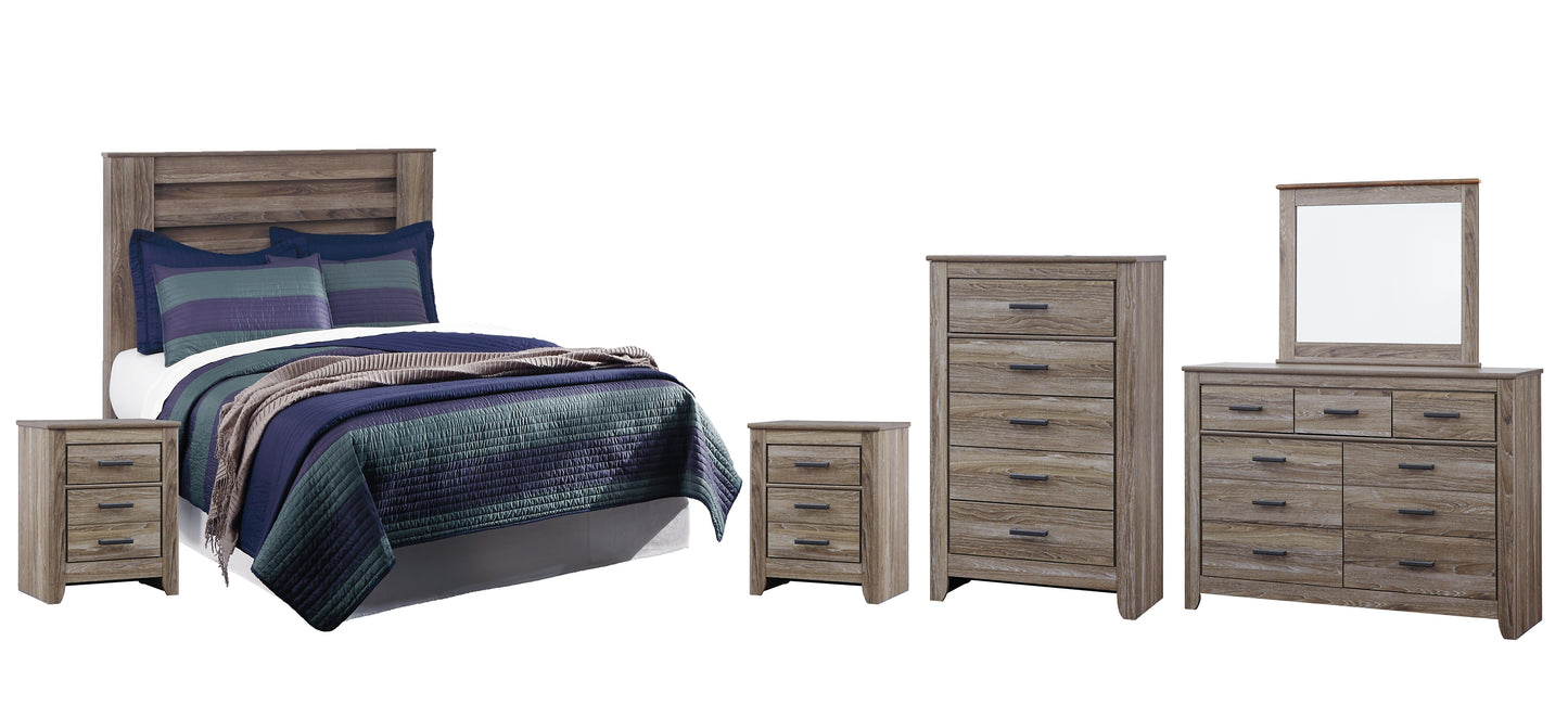Zelen Panel Headboard With Mirrored Dresser, Chest And 2 Nightstands