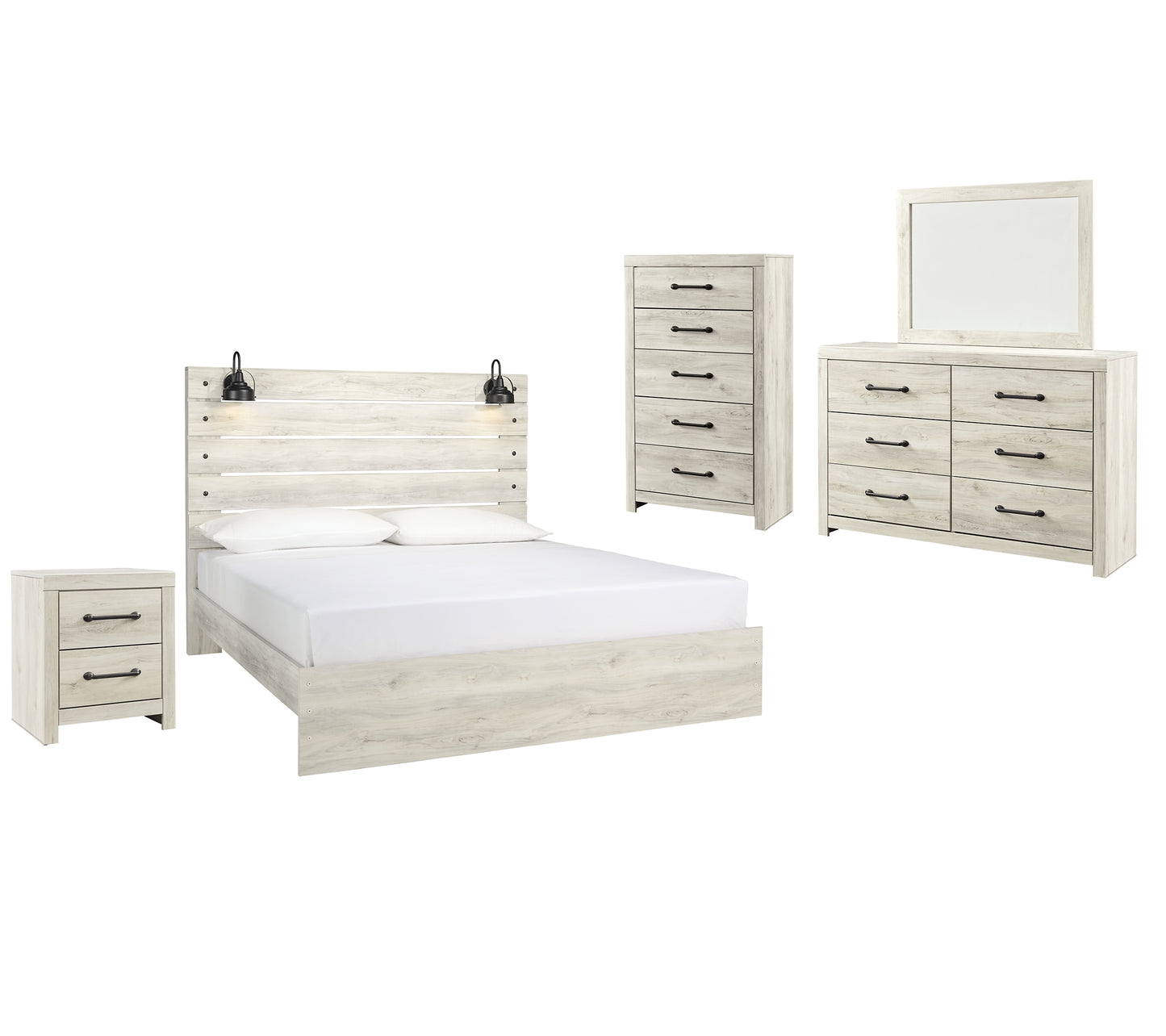 Cama Cambeck con paneles, cómoda con espejo y mesita de noche