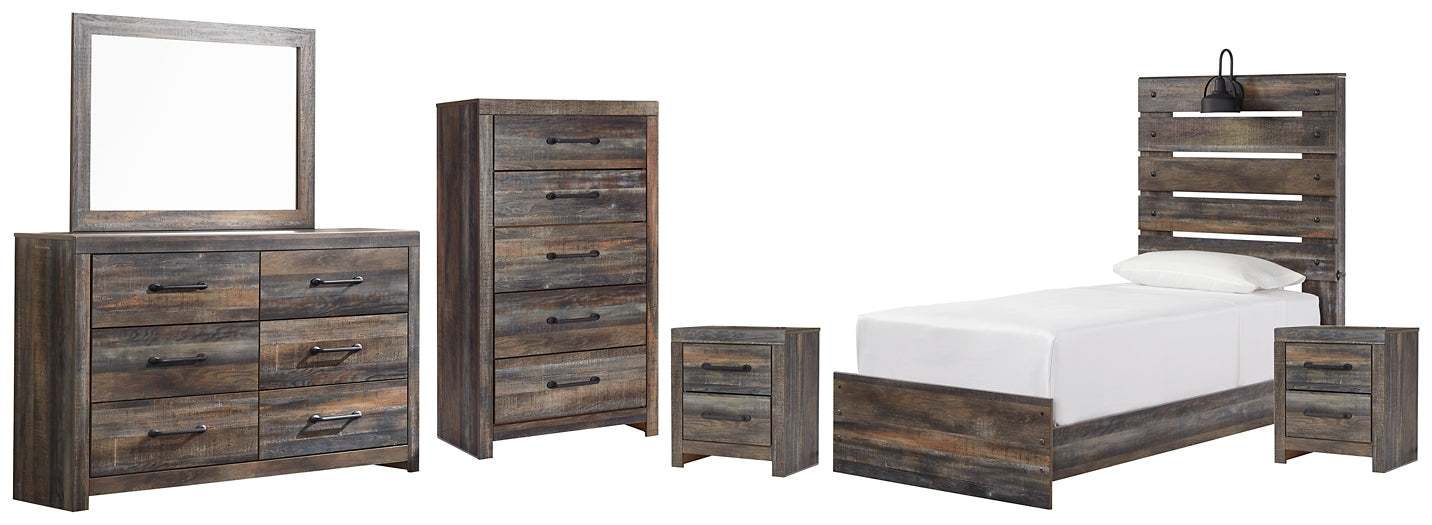 Drystan Panel Bed With Mirrored Dresser, Chest And 2 Nightstands