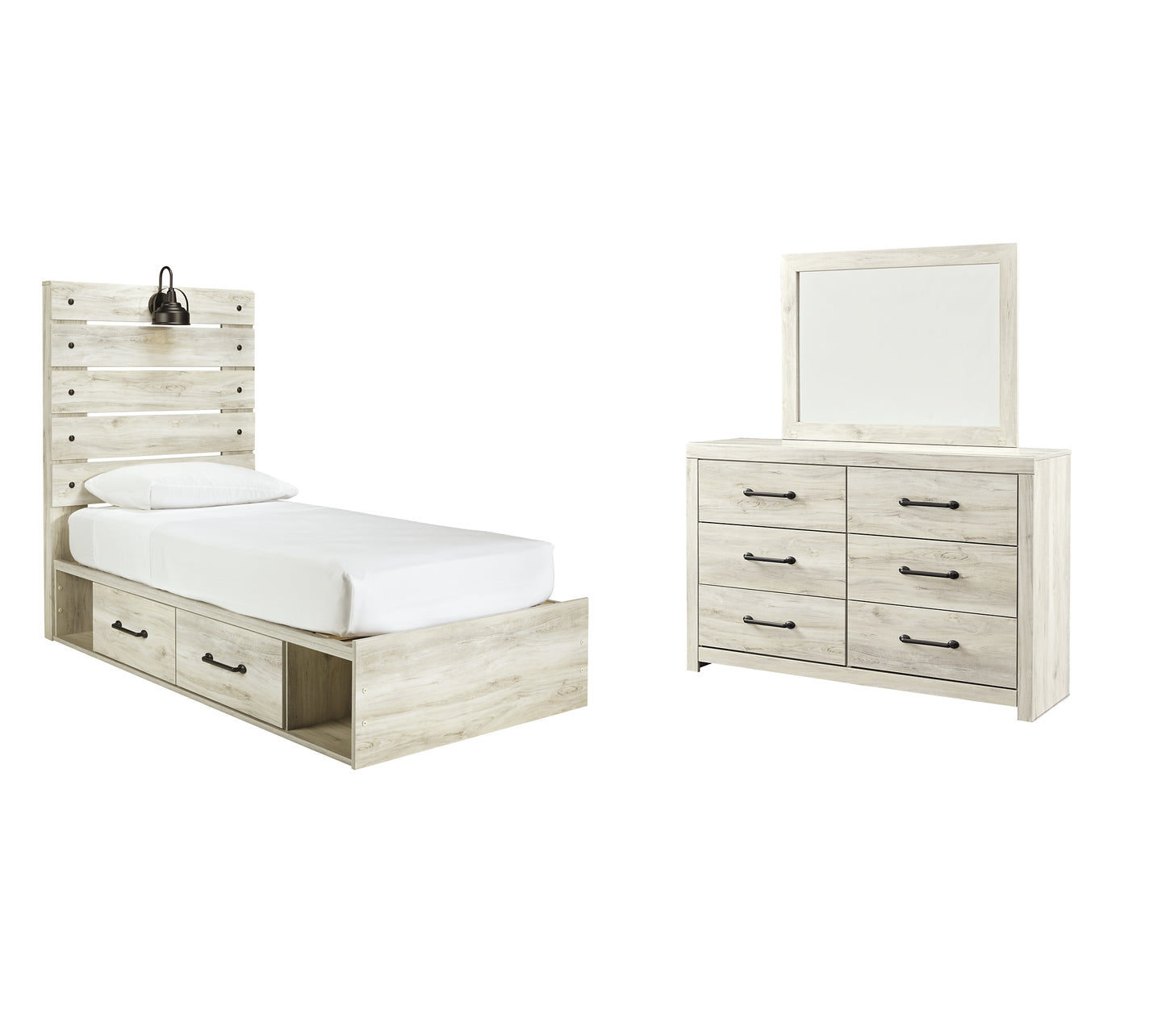 Cama Cambeck con dos cajones y cómoda con espejo