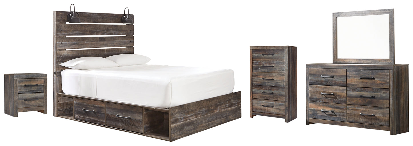 Cama Drystan con dos cajones, cómoda con espejo y mesita de noche.