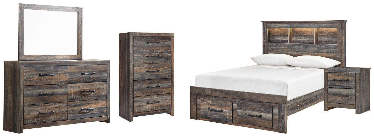 Drystan Bookcase Bed With 2 Storage Drawers With Mirrored Dresser, Chest And Nightstand