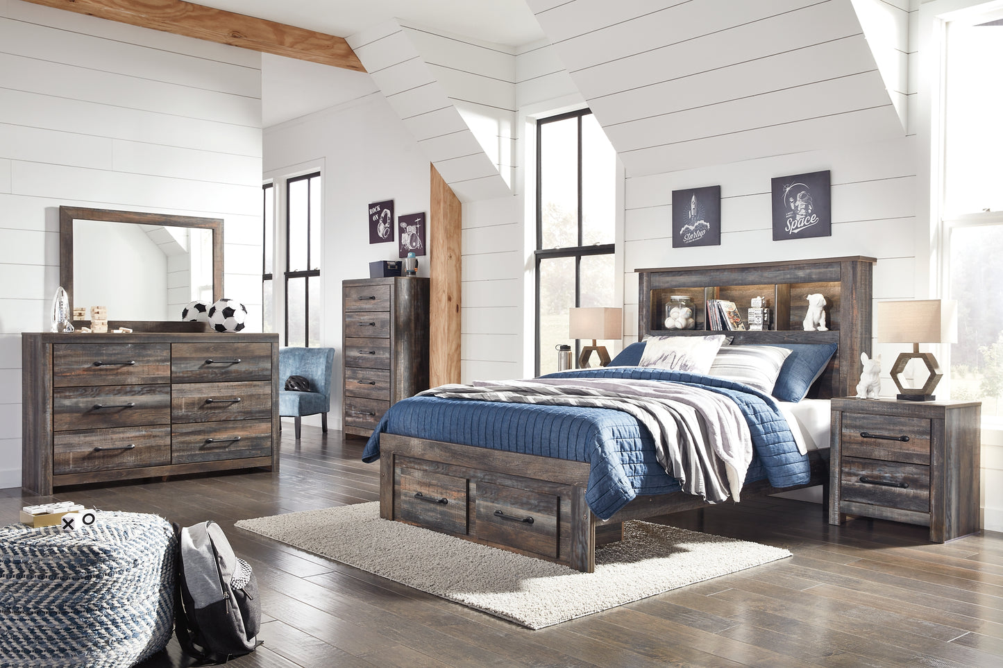 Drystan Bookcase Bed With 2 Storage Drawers With Mirrored Dresser, Chest And 2 Nightstands