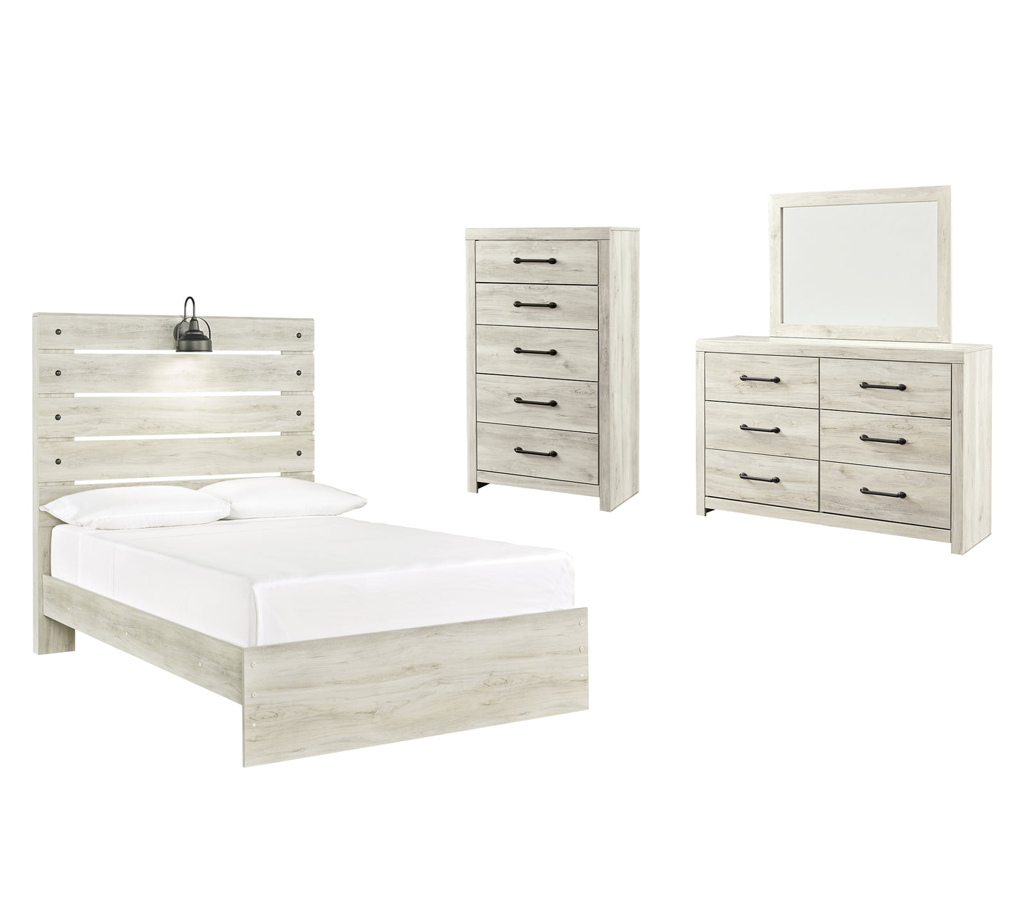 Cama con paneles Cambeck, cómoda con espejo y arcón