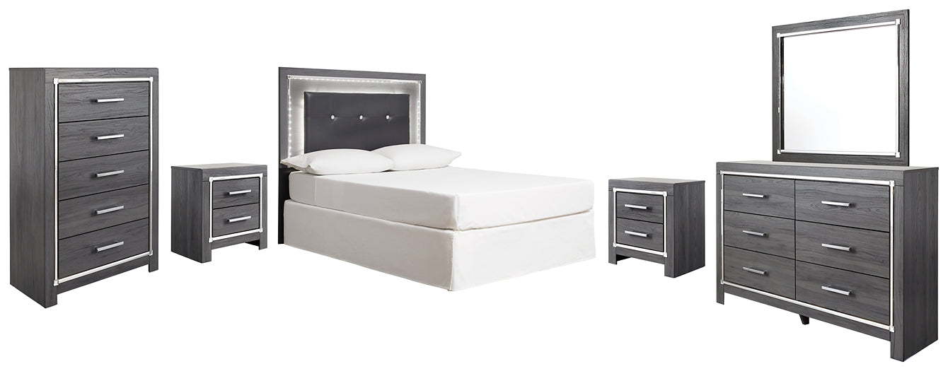 Lodanna Upholstered Panel Headboard With Mirrored Dresser, Chest And 2 Nightstands
