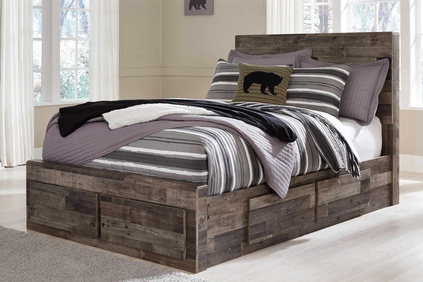 Derekson Panel Bed With 6 Storage Drawers With Mirrored Dresser, Chest And Nightstand