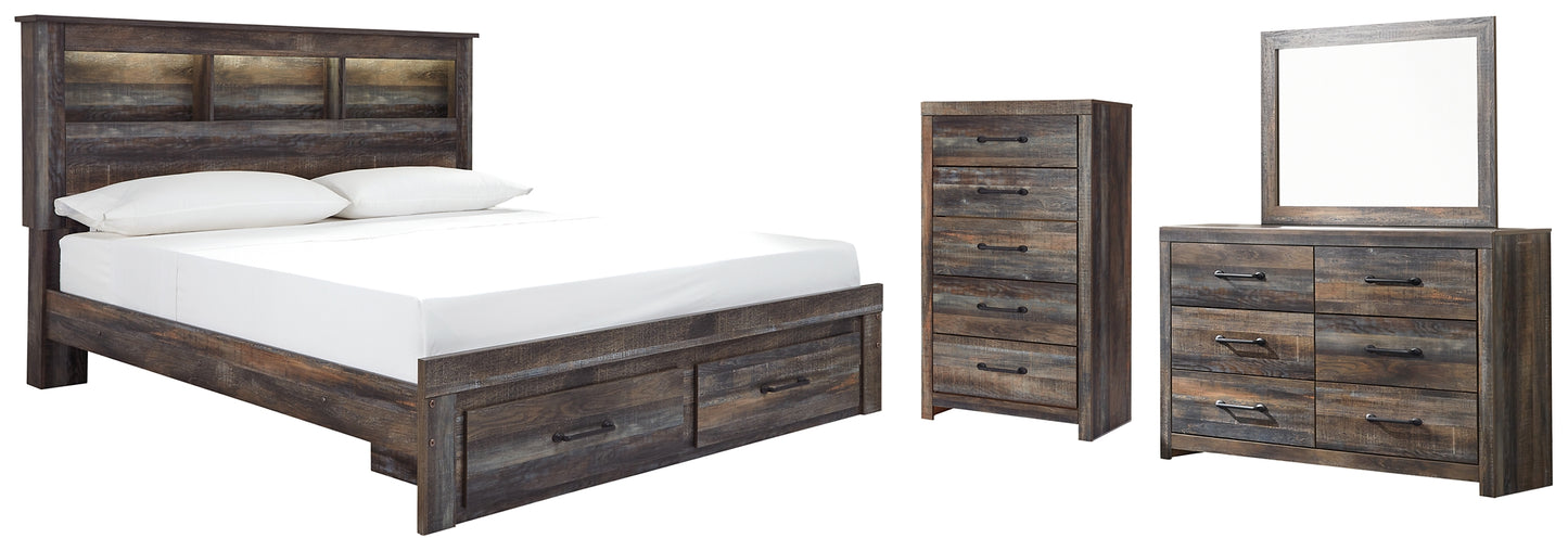 Cama con estantería Drystan con dos cajones de almacenamiento, cómoda con espejo y cómoda
