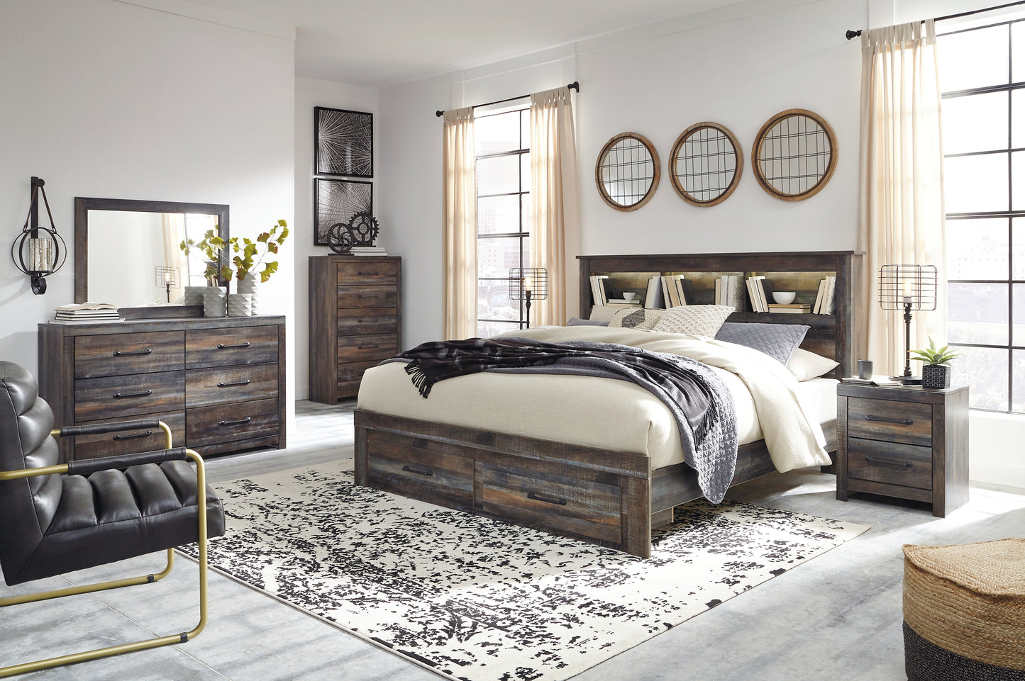 Cama-librería Drystan con dos cajones, cómoda con espejo, cómoda y mesita de noche