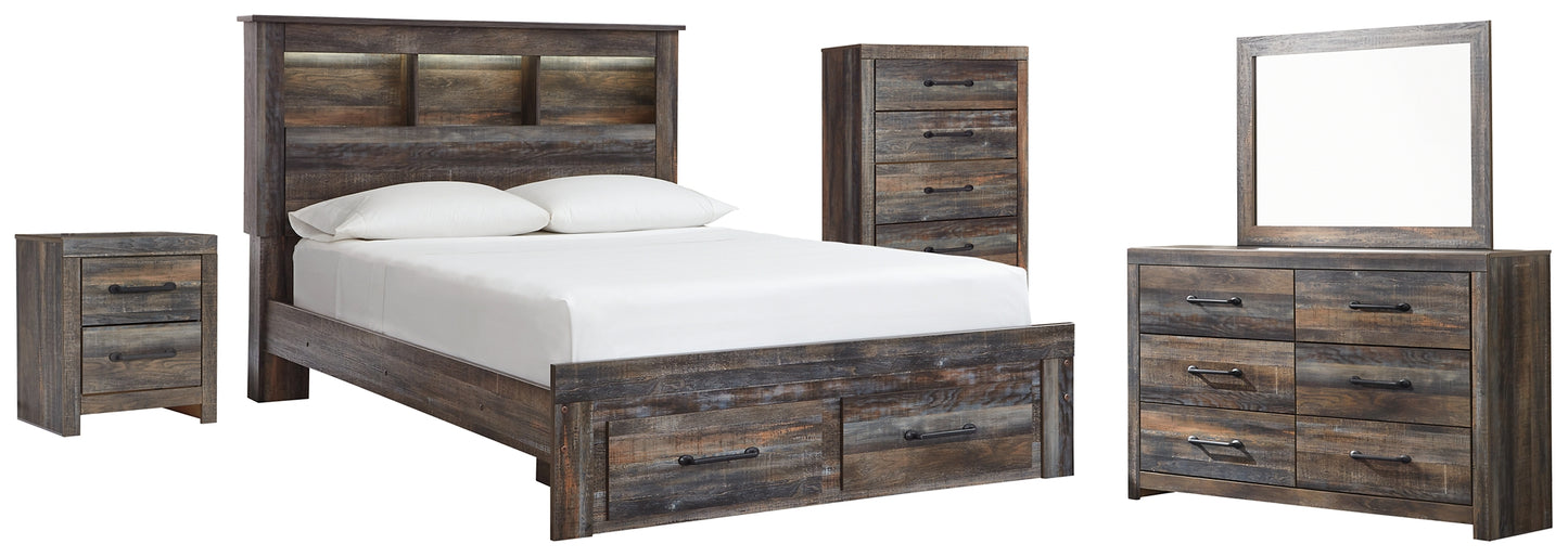 Cama-librería Drystan con dos cajones, cómoda con espejo, cómoda y mesita de noche