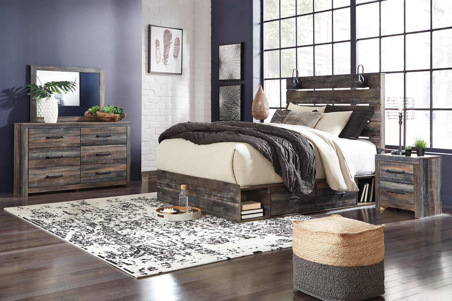 Cama Drystan con 4 cajones, cómoda con espejo, cómoda y mesita de noche