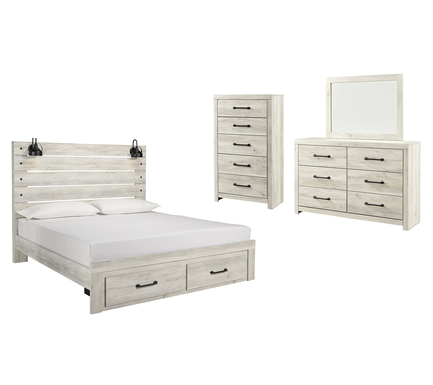 Cama con paneles Cambeck y dos cajones de almacenamiento con cómoda y espejo