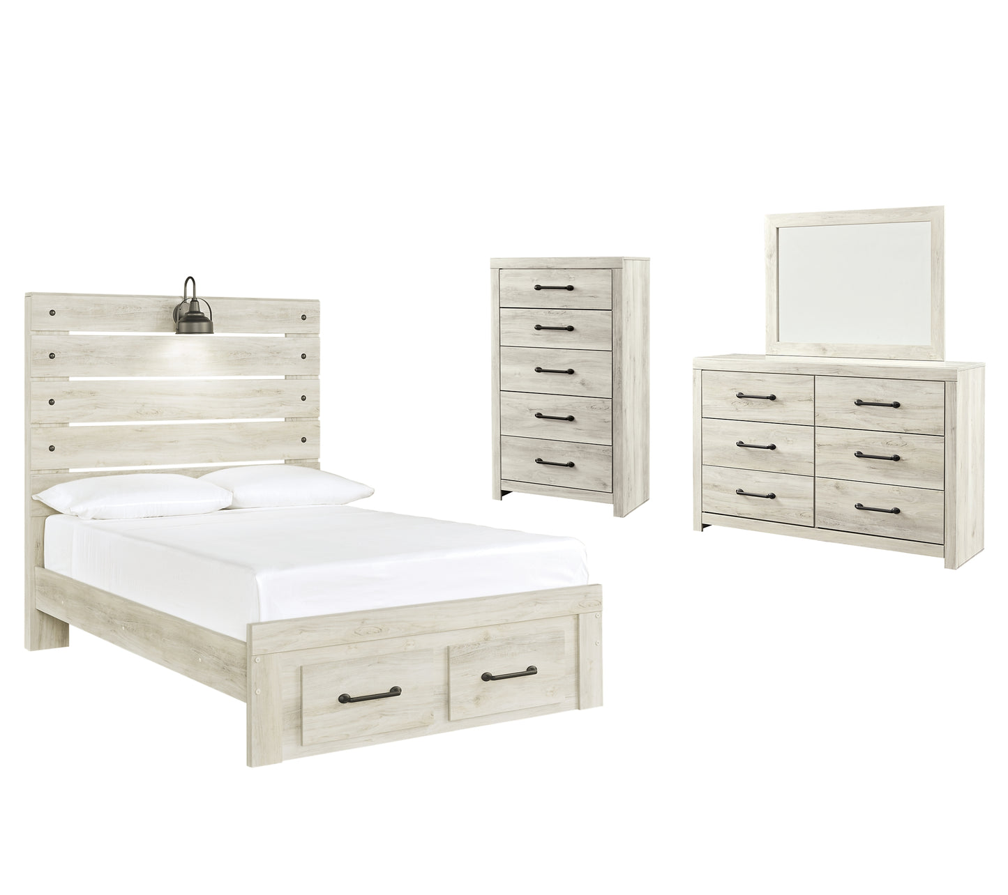 Cama con paneles Cambeck y dos cajones de almacenamiento con cómoda y espejo