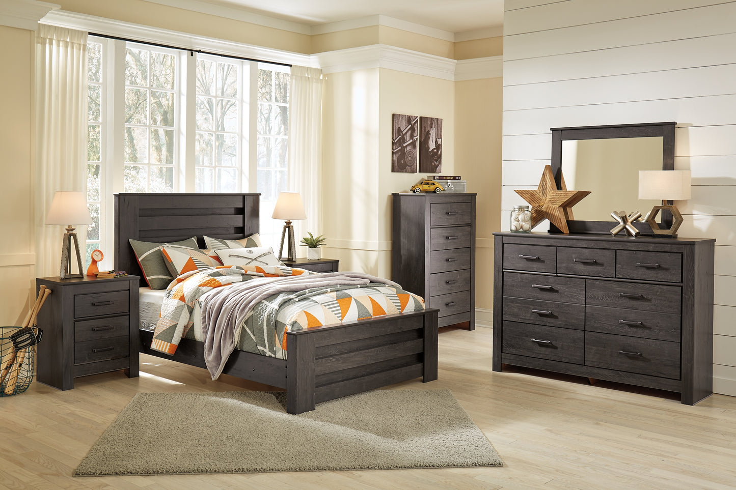 Brinxton Panel Bed With Mirrored Dresser, Chest And 2 Nightstands